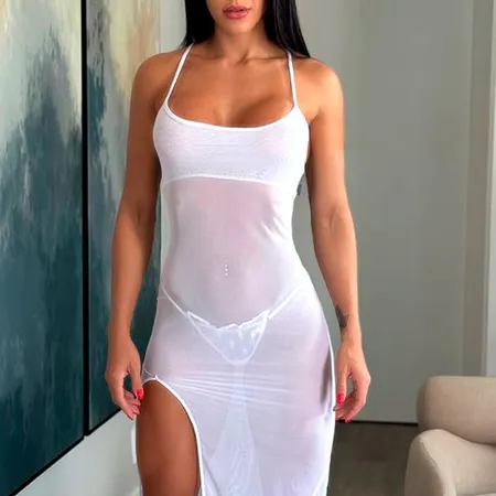 Vestido Sexy Modelo Longo em Tule com Transparência e Fenda - Lance - Branco - Ref 3125 Vestido Sexy Modelo Longo em Tule com Transparência e Fenda - Lance - Branco - Ref 3125