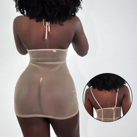 Vestido Ousado em Tule com Muita Transparência e Sensualidade - Doando - Canela - Ref 3194 Vestido Ousado em Tule com Muita Transparência e Sensualidade - Doando - Canela - Ref 3194