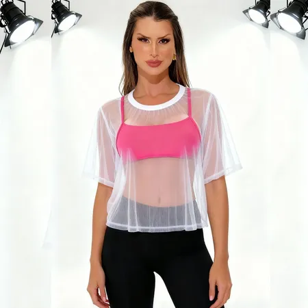 Top Fitness Feminino em Suplex sem Forro e com Leve Transparência - Crucial - Pink - Ref 3218