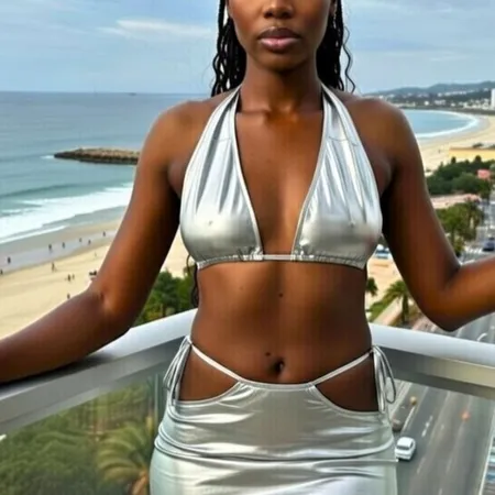Conjunto Sexy Top + Saia Metalizado com Amarrações - Spanta+Voador - Prata - Ref 3264
