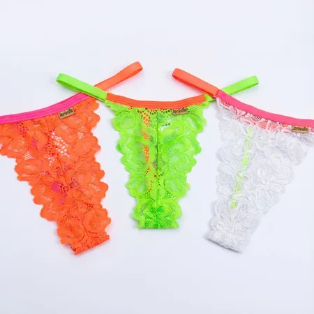 Kit com 3 Calcinhas de Renda Modelo Só o Fio e Detalhe do Viés em Neon - Olívia - Laranja-Amarelo-Branco - Ref 2912