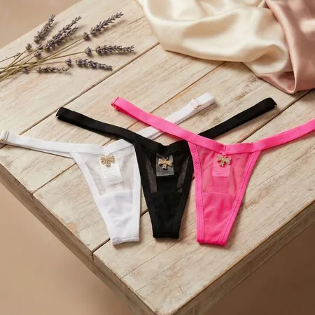 Kit 3 Micro Calcinhas de Luxo Sexy em Tule Dobrado no Bumbum - Pequena - Pink-Preto-Branco - Ref 2917