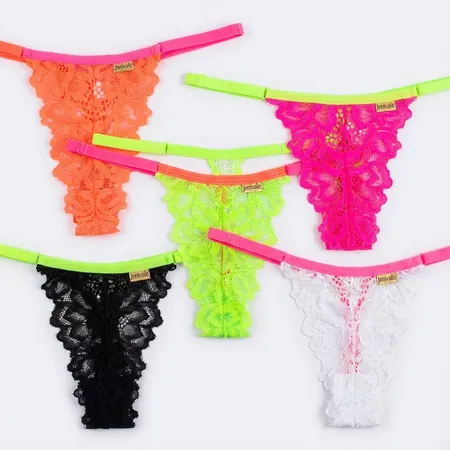 Kit com 5 Calcinhas de Renda Modelo Só o Fio e Detalhe do Viés em Neon - Olívia - Ref 1791