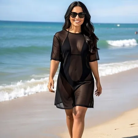 Saida de Praia Modelo Vestido Camisão em Tule com Transparência - Jurerê - Preto - Ref 3013