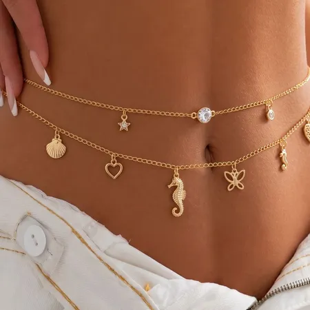 Corrente para Barriga em Metal com Camadas Duplas, Acessório de Cintura Estiloso e Sensual - Tulipa