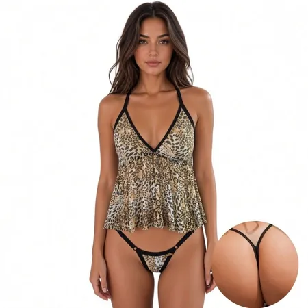 Mini Doll em Tule Animal Print com Calcinha Fio Dental Bumbum em "V" - Felina