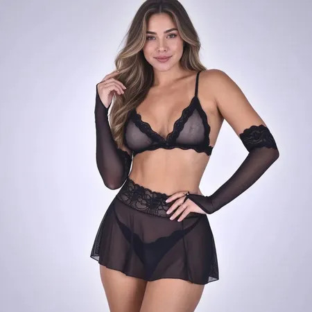 Conjunto Sexy Sem Bojo em Tule Detalhe em Renda com Saia e Luva - Louca. Justa. Podes Crer e Não resisto